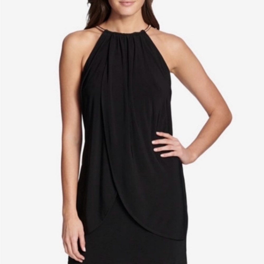 Kensie Asymmetrical Black Halter Dress with gold details